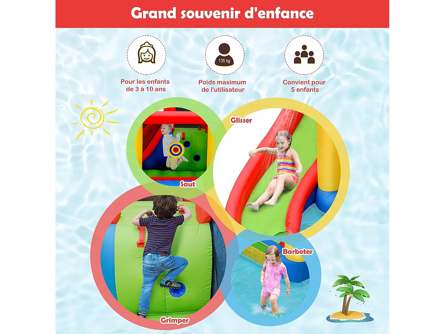 Château Gonflable avec Souffleur 610W Toboggan Aquatique Pataugeoire Cercle de Basket Sac Kit de Réparation 30 Ballons