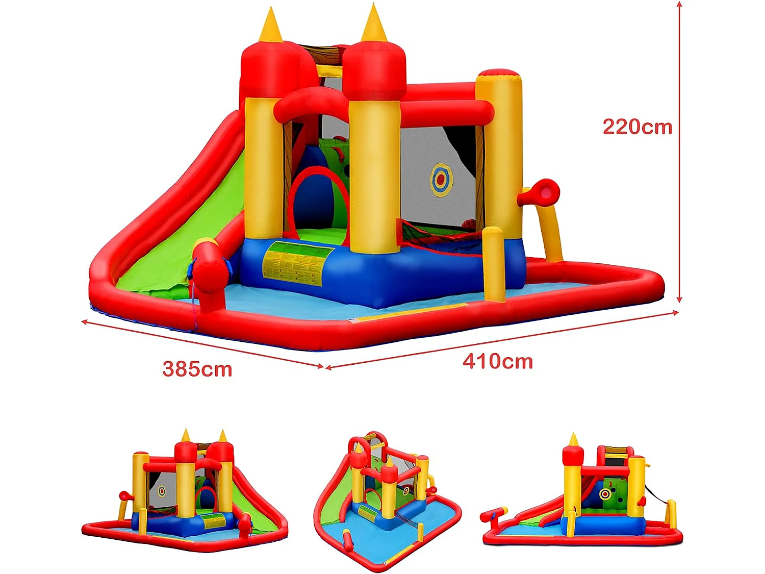 Château Gonflable avec Souffleur 610W Toboggan Aquatique Pataugeoire Cercle de Basket Sac Kit de Réparation 30 Ballons