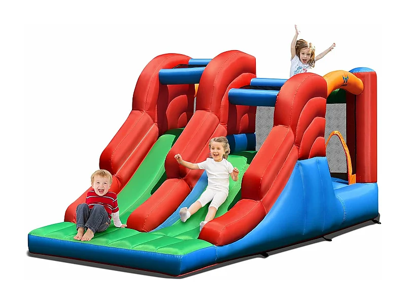 Aire de Jeux Gonflable Enfants avec Double Toboggan Mur d'Escalade et Trampoline Piquets Kit de Réparation sans Soufflerie