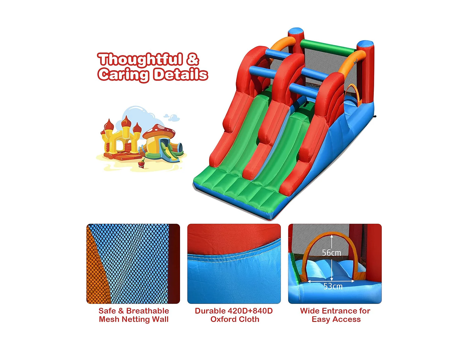 Aire de Jeux Gonflable Enfants avec Double Toboggan Mur d'Escalade et Trampoline Piquets Kit de Réparation sans Soufflerie