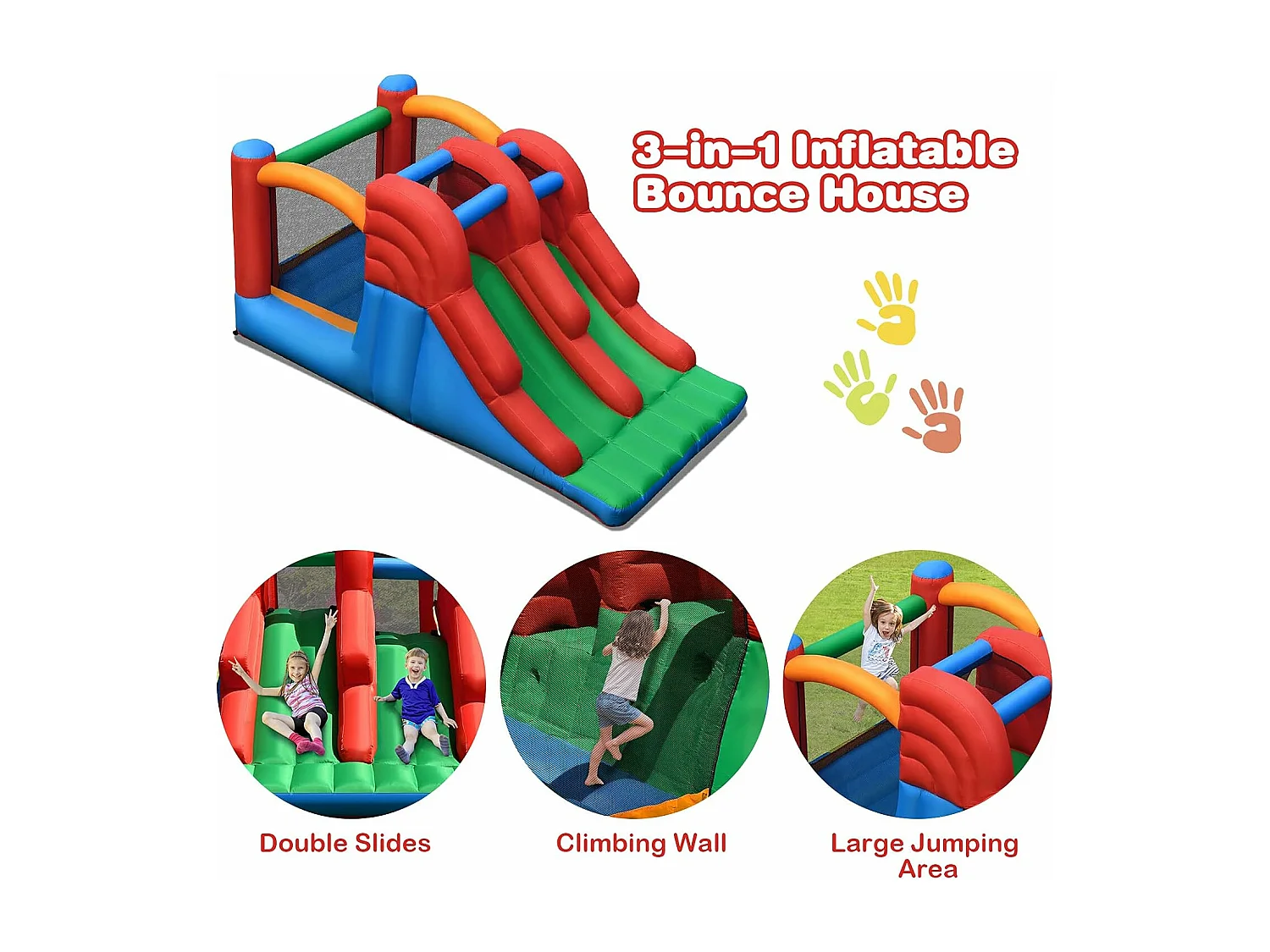 Aire de Jeux Gonflable Enfants avec Double Toboggan Mur d'Escalade et Trampoline Piquets Kit de Réparation sans Soufflerie