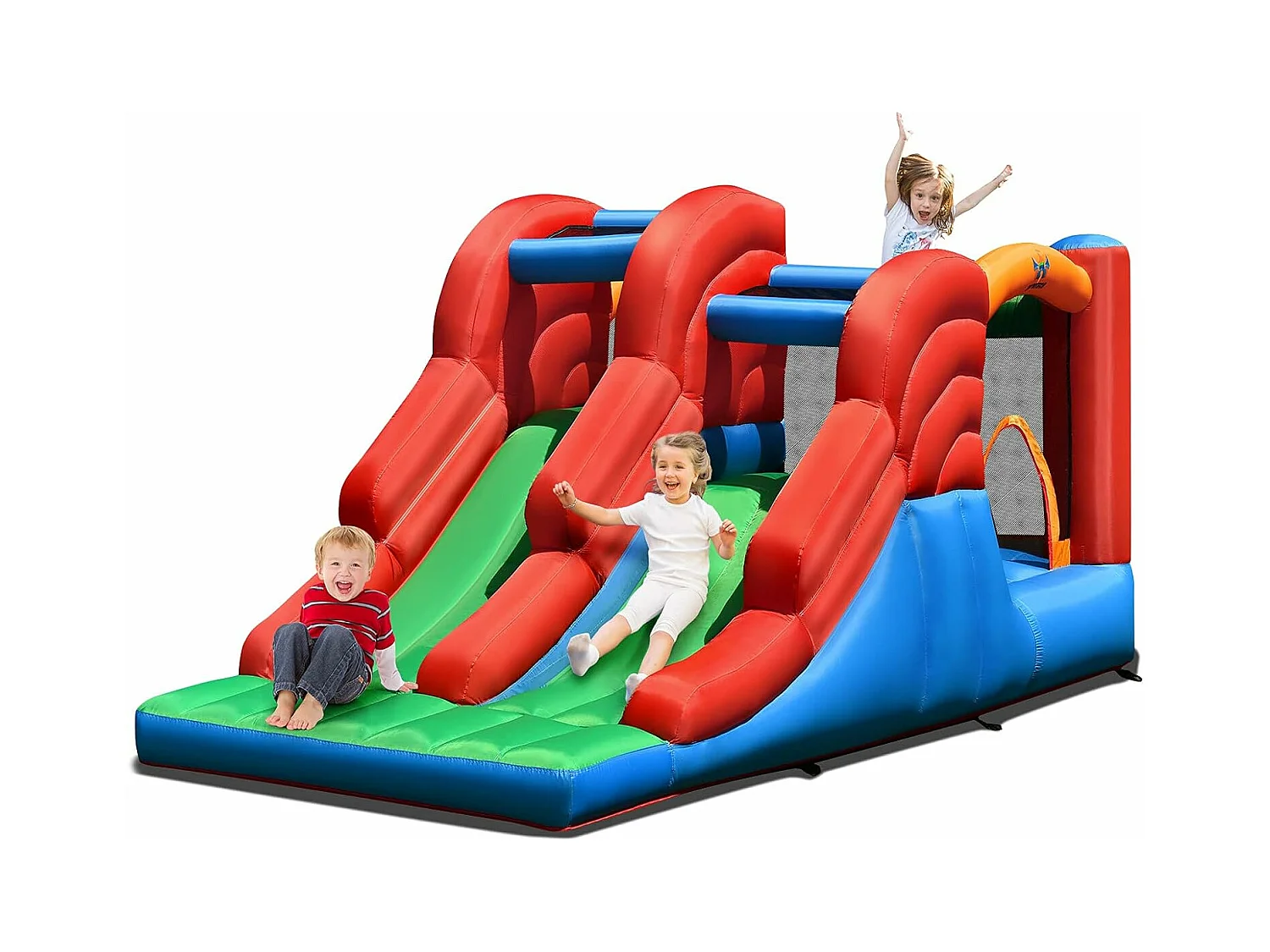 Aire de Jeux Gonflable Enfants avec Double Toboggan Mur d'Escalade et Trampoline Piquets Kit de Réparation sans Soufflerie