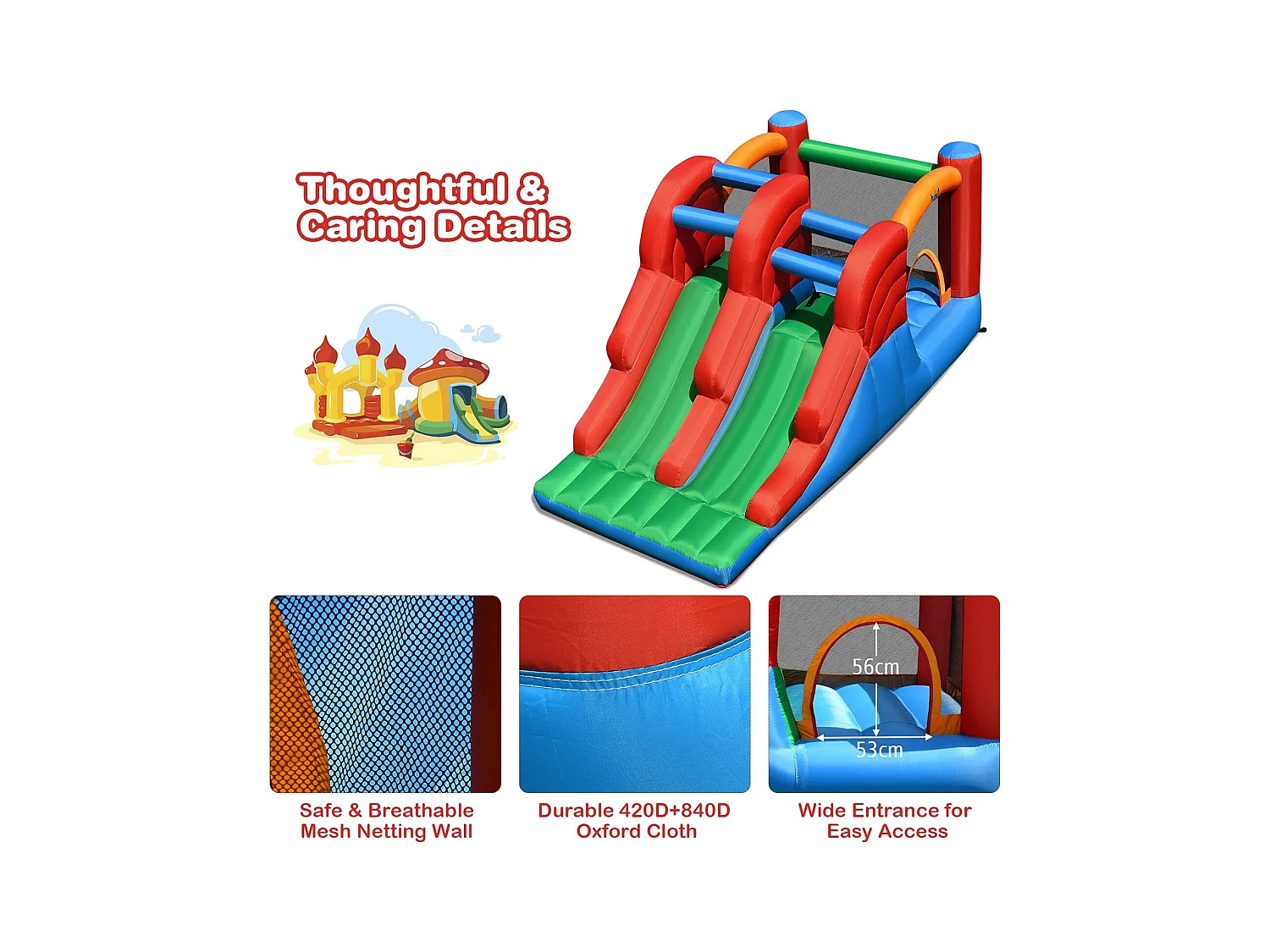 Aire de Jeux Gonflable Enfants avec Double Toboggan Mur d'Escalade et Trampoline Piquets Kit de Réparation sans Soufflerie