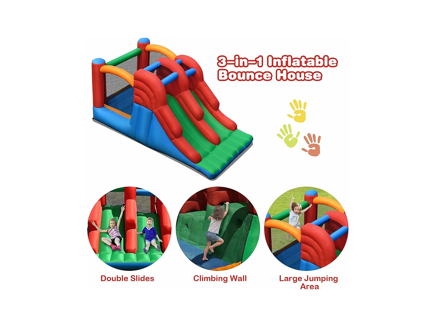 Aire de Jeux Gonflable Enfants avec Double Toboggan Mur d'Escalade et Trampoline Piquets Kit de Réparation sans Soufflerie