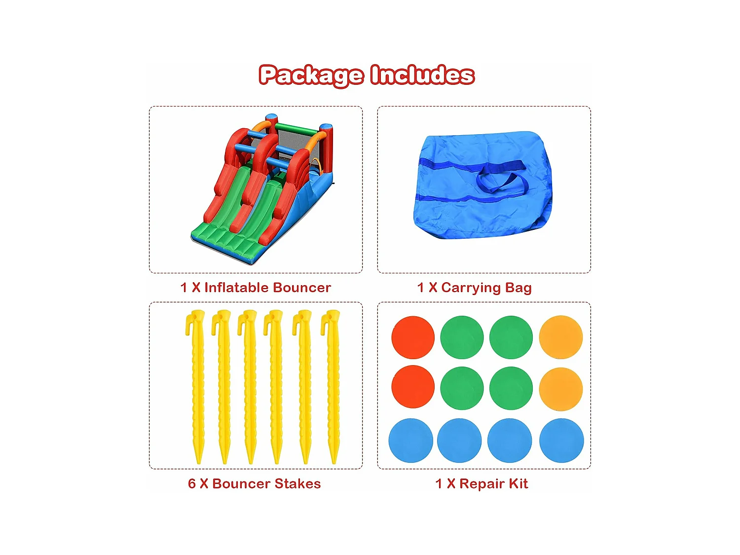 Aire de Jeux Gonflable Enfants avec Double Toboggan Mur d'Escalade et Trampoline Piquets Kit de Réparation sans Soufflerie