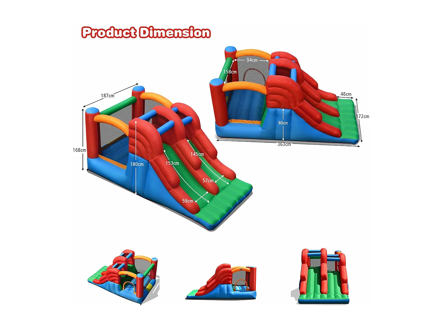 Aire de Jeux Gonflable Enfants avec Double Toboggan Mur d'Escalade et Trampoline Piquets Kit de Réparation sans Soufflerie