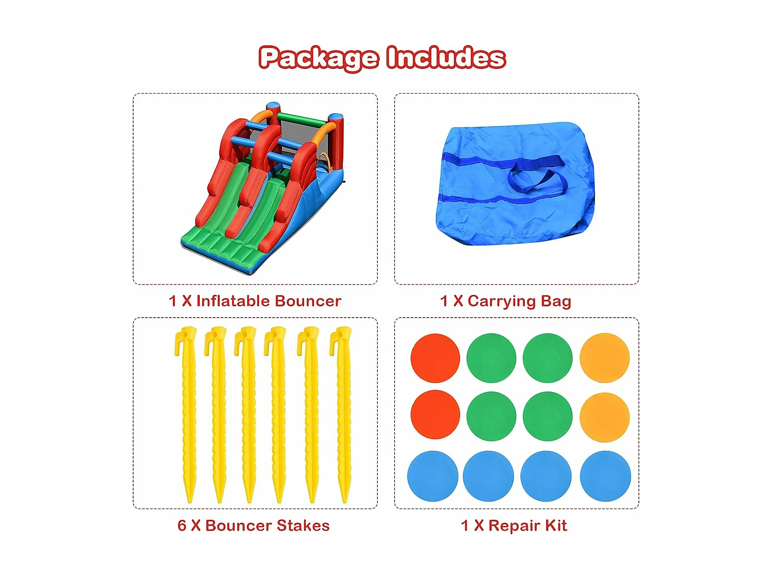 Aire de Jeux Gonflable Enfants avec Double Toboggan Mur d'Escalade et Trampoline Piquets Kit de Réparation sans Soufflerie