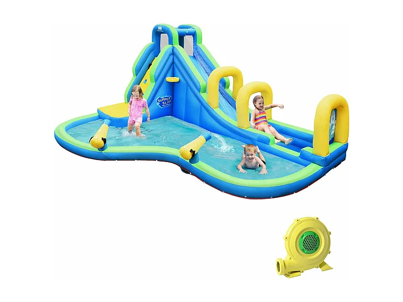 Château Gonflable avec Toboggan Aquatique/Pistolet de l'eau Fait en Plastique et vinyle-Convient pour 4 Enfants de 4 à 12 Ans-Charge Max.120 kg (avec Gonfleur)