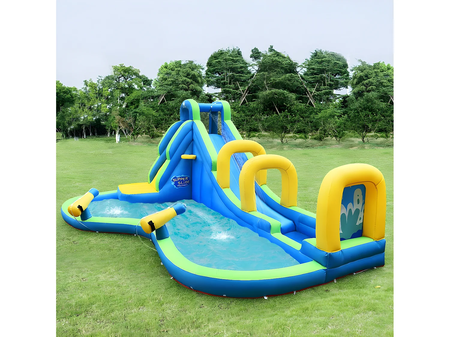 Château Gonflable avec Toboggan Aquatique/Pistolet de l'eau Fait en Plastique et vinyle-Convient pour 4 Enfants de 4 à 12 Ans-Charge Max.120 kg (avec Gonfleur)