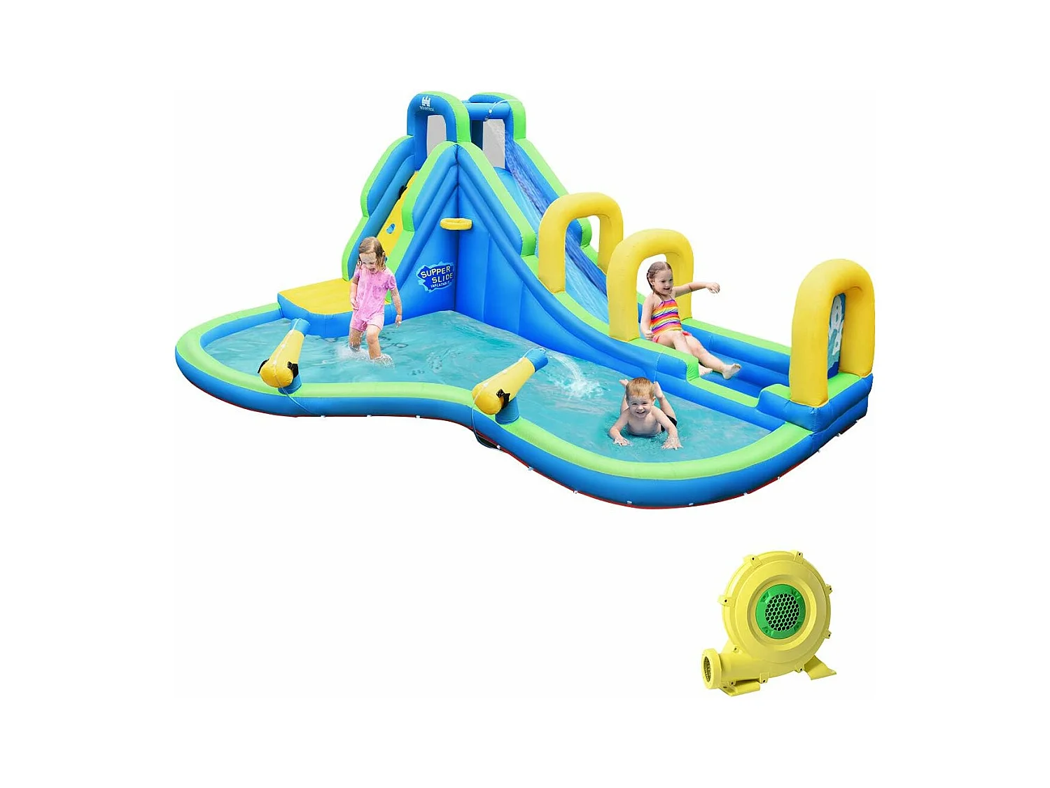 Château Gonflable avec Toboggan Aquatique/Pistolet de l'eau Fait en Plastique et vinyle-Convient pour 4 Enfants de 4 à 12 Ans-Charge Max.120 kg (avec Gonfleur)