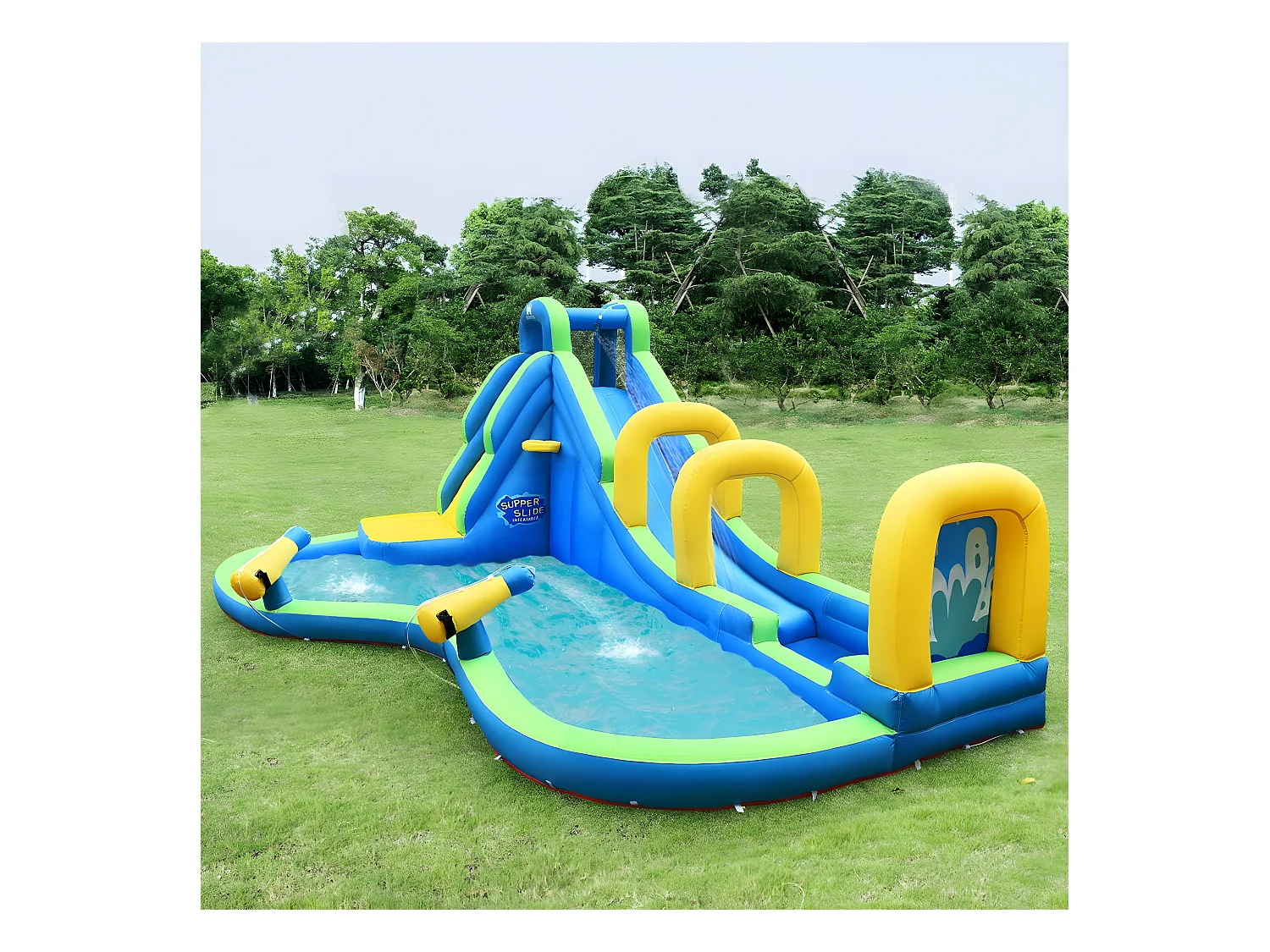 Château Gonflable avec Toboggan Aquatique/Pistolet de l'eau Fait en Plastique et vinyle-Convient pour 4 Enfants de 4 à 12 Ans-Charge Max.120 kg (avec Gonfleur)