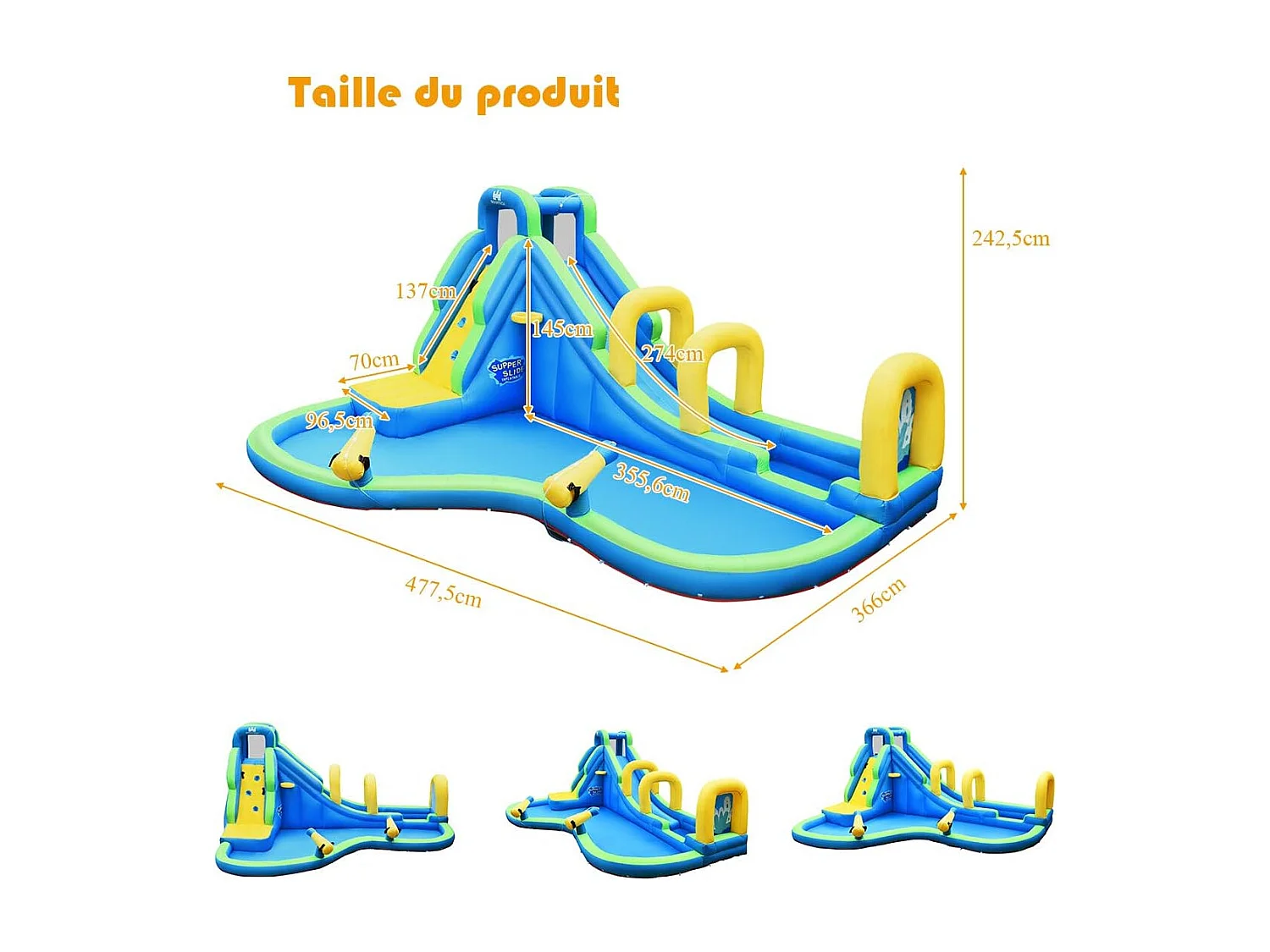 Château Gonflable avec Toboggan Aquatique/Pistolet de l'eau Fait en Plastique et vinyle-Convient pour 4 Enfants de 4 à 12 Ans-Charge Max.120 kg (avec Gonfleur)
