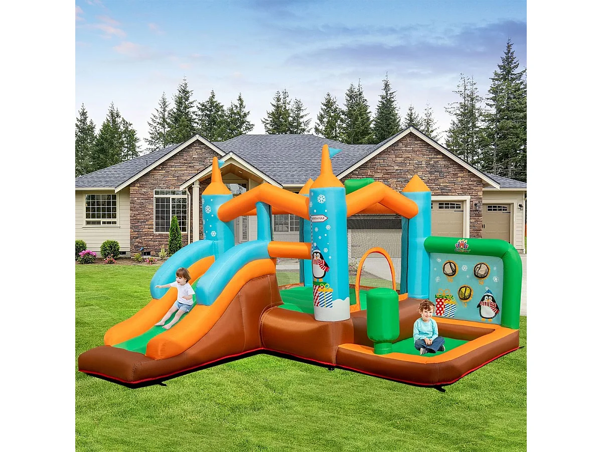 Château Gonflable avec Toboggan pour Enfants 3-12 Ans Thème Boisgouins, Aire de Jeux avec Panier de Basket-Ball Colonne de Boxe, Charge 90KG (sans Souffleur)