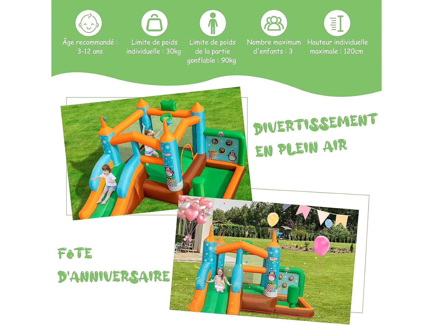 Château Gonflable avec Toboggan pour Enfants 3-12 Ans Thème Boisgouins, Aire de Jeux avec Panier de Basket-Ball Colonne de Boxe, Charge 90KG (sans Souffleur)