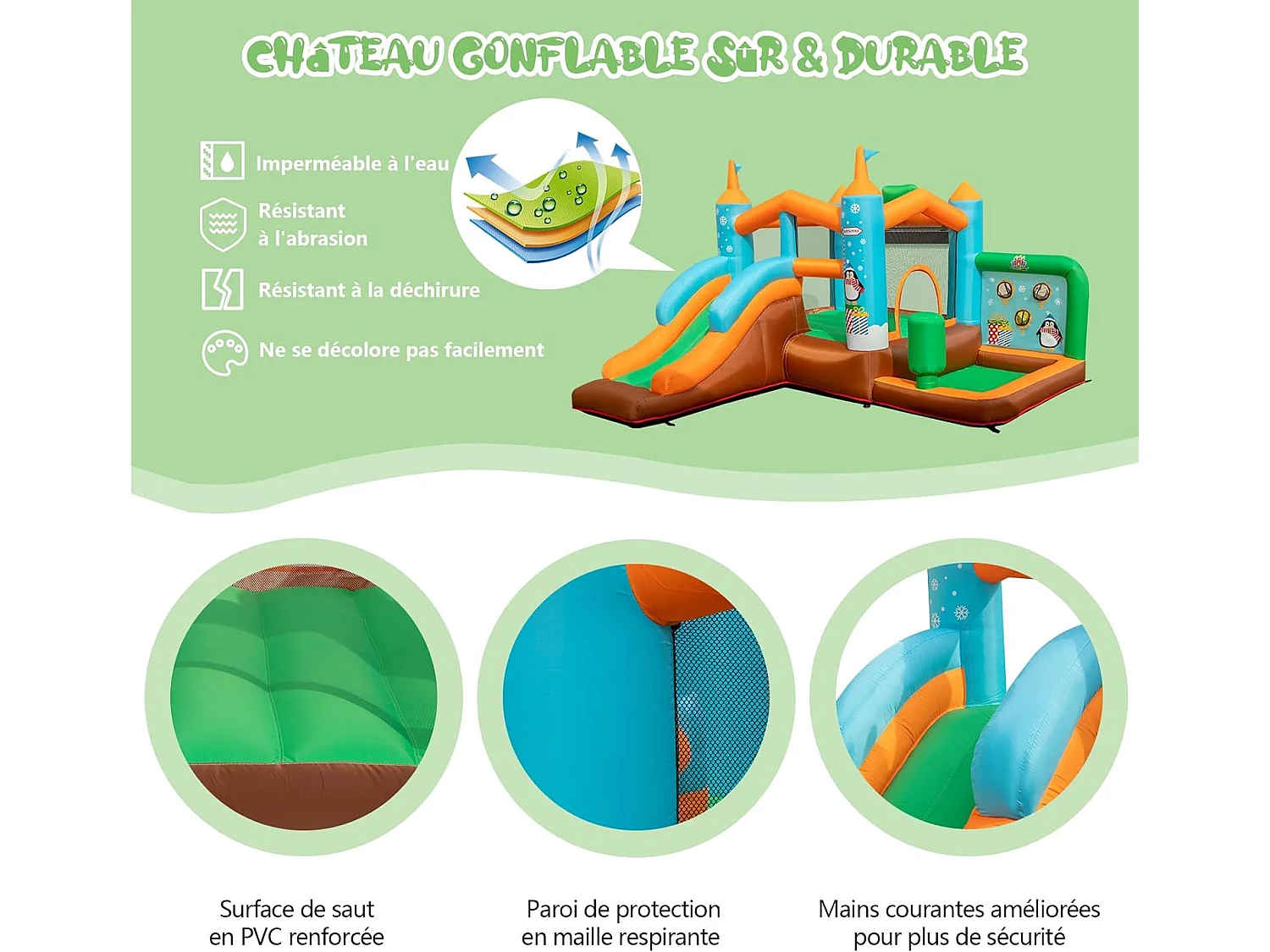 Château Gonflable avec Toboggan pour Enfants 3-12 Ans Thème Boisgouins, Aire de Jeux avec Panier de Basket-Ball Colonne de Boxe, Charge 90KG (sans Souffleur)