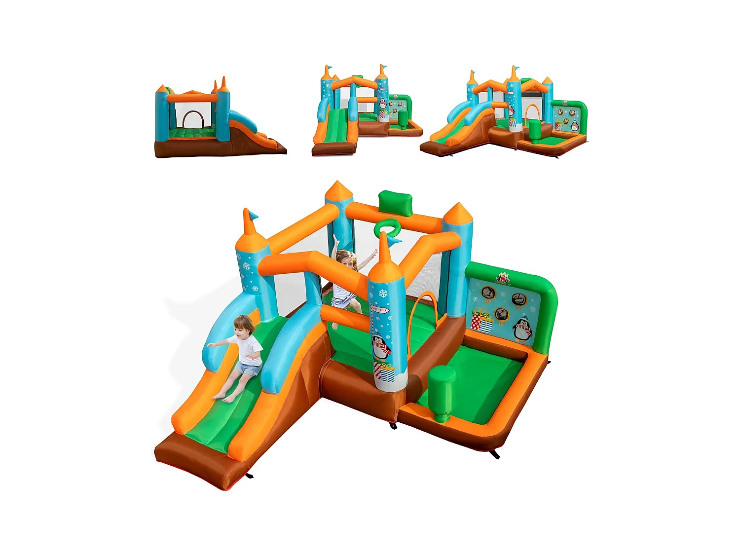 Château Gonflable avec Toboggan pour Enfants 3-12 Ans Thème Boisgouins, Aire de Jeux avec Panier de Basket-Ball Colonne de Boxe, Charge 90KG (sans Souffleur)