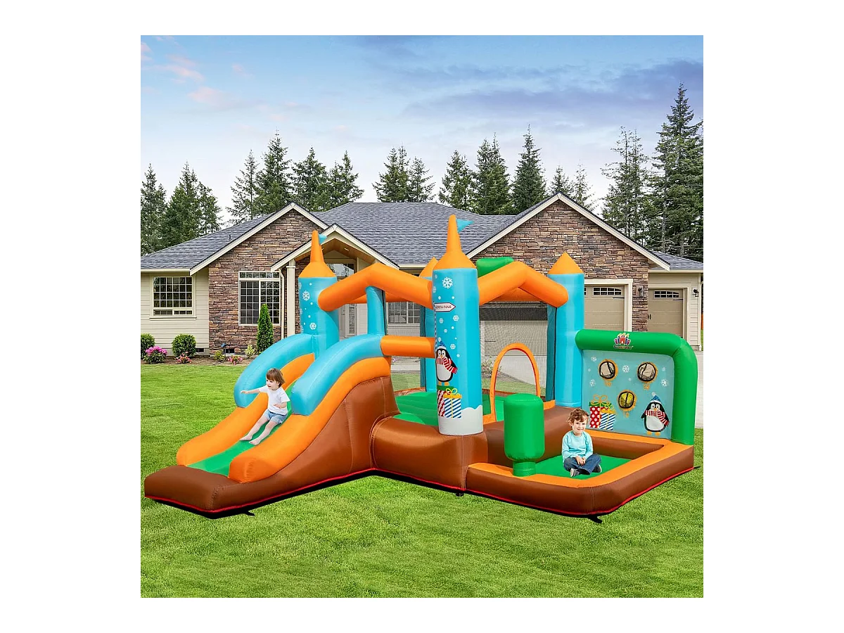 Château Gonflable avec Toboggan pour Enfants 3-12 Ans Thème Boisgouins, Aire de Jeux avec Panier de Basket-Ball Colonne de Boxe, Charge 90KG (sans Souffleur)