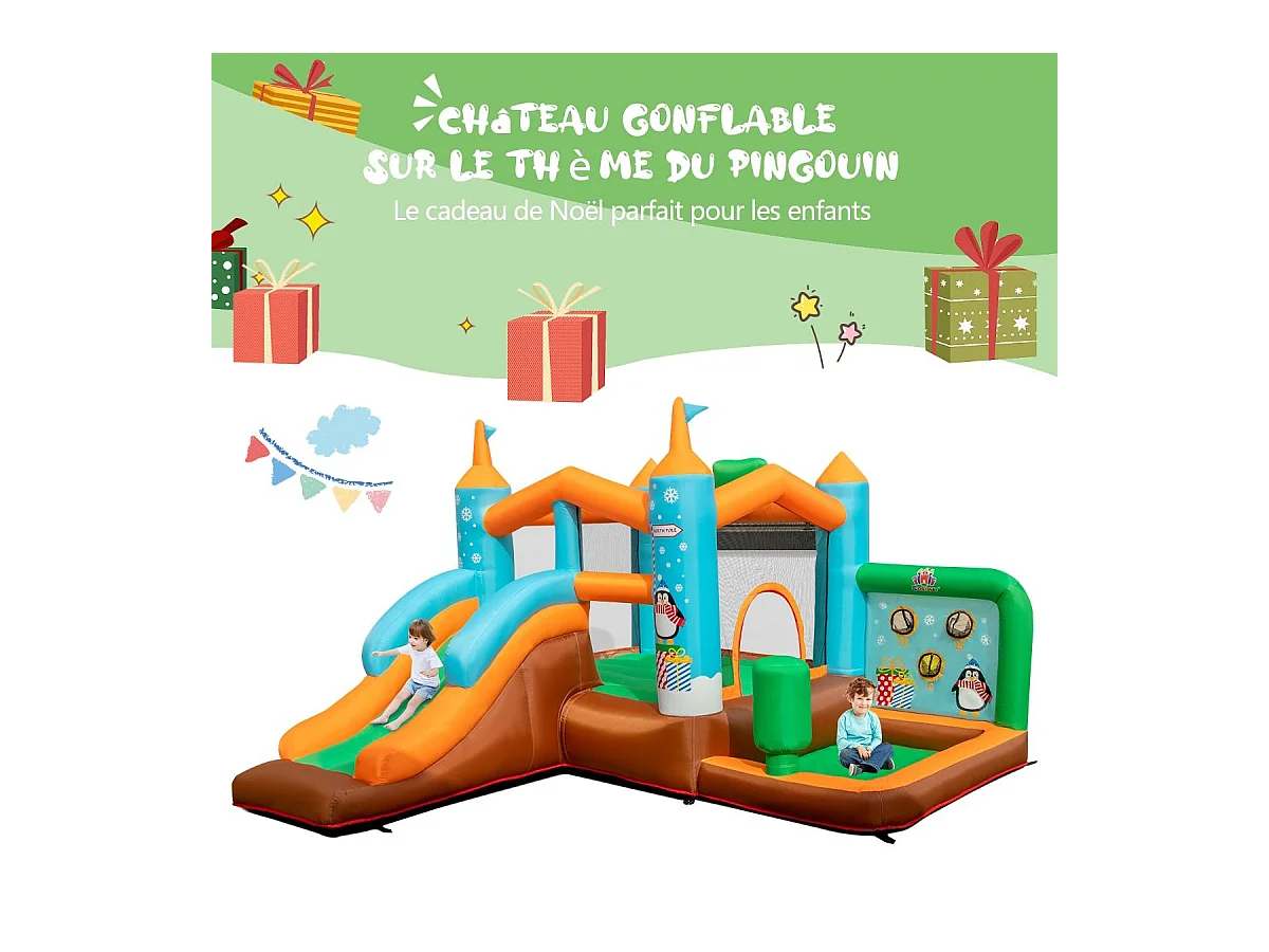 Château Gonflable avec Toboggan pour Enfants 3-12 Ans Thème Boisgouins, Aire de Jeux avec Panier de Basket-Ball Colonne de Boxe, Charge 90KG (sans Souffleur)