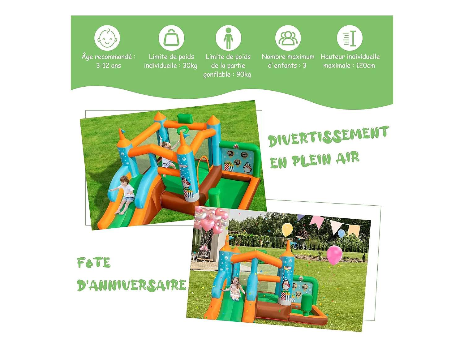 Château Gonflable avec Toboggan pour Enfants 3-12 Ans Thème Boisgouins, Aire de Jeux avec Panier de Basket-Ball Colonne de Boxe, Charge 90KG (sans Souffleur)