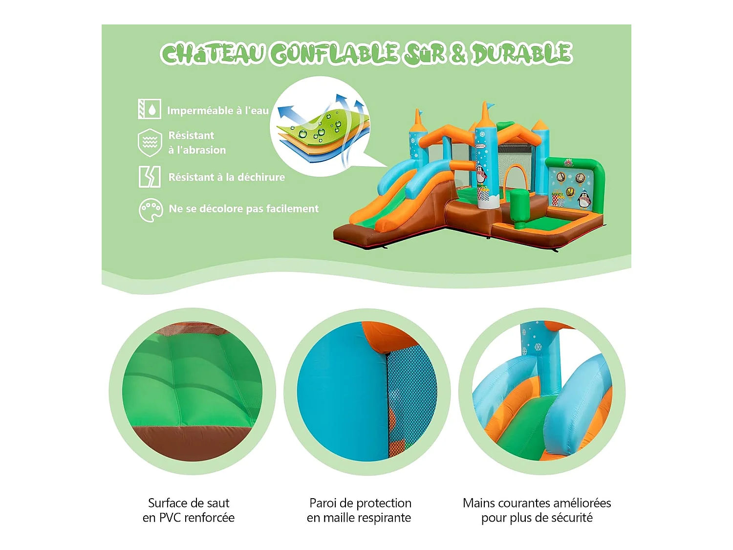 Château Gonflable avec Toboggan pour Enfants 3-12 Ans Thème Boisgouins, Aire de Jeux avec Panier de Basket-Ball Colonne de Boxe, Charge 90KG (sans Souffleur)