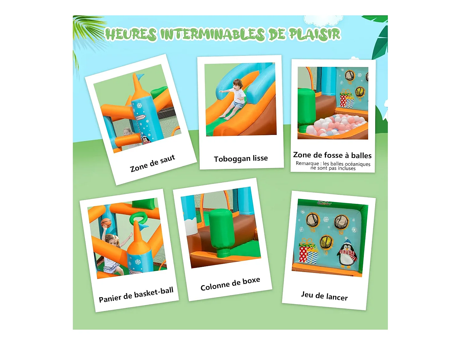 Château Gonflable avec Toboggan pour Enfants 3-12 Ans Thème Boisgouins, Aire de Jeux avec Panier de Basket-Ball Colonne de Boxe, Charge 90KG (sans Souffleur)