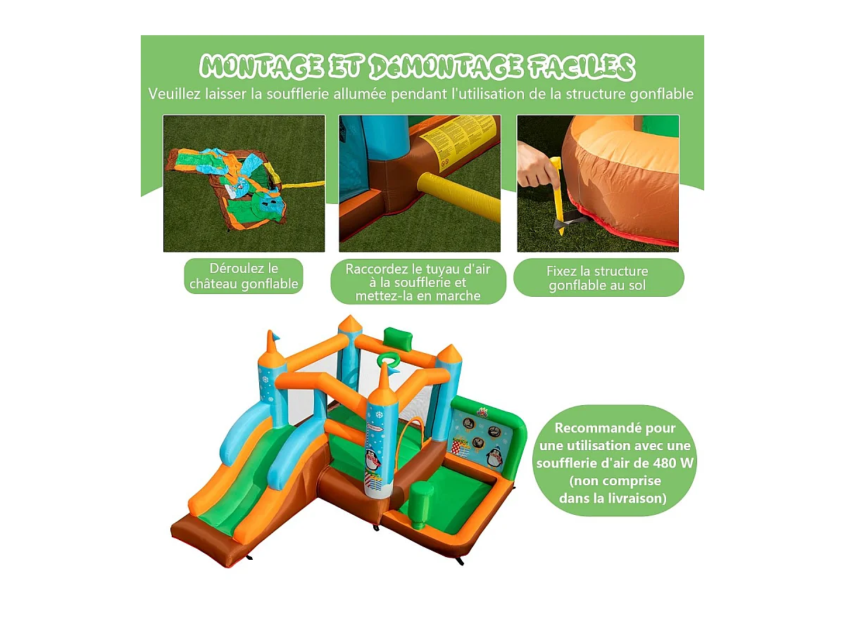 Château Gonflable avec Toboggan pour Enfants 3-12 Ans Thème Boisgouins, Aire de Jeux avec Panier de Basket-Ball Colonne de Boxe, Charge 90KG (sans Souffleur)