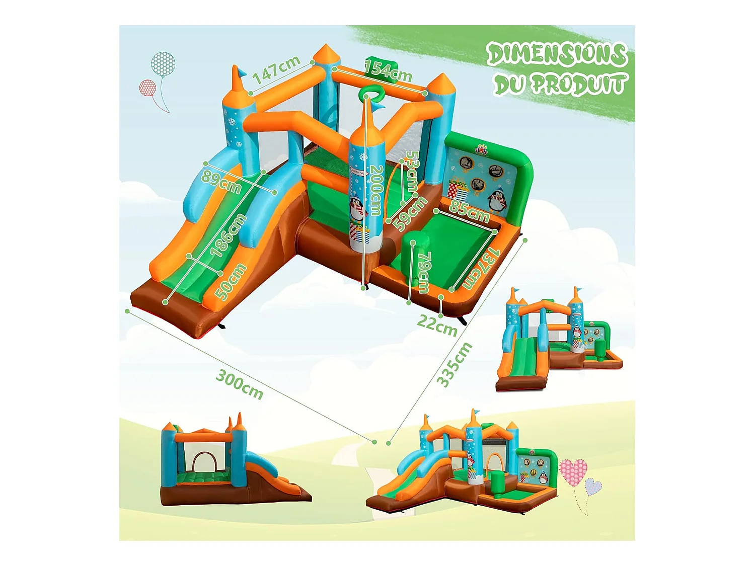 Château Gonflable avec Toboggan pour Enfants 3-12 Ans Thème Boisgouins, Aire de Jeux avec Panier de Basket-Ball Colonne de Boxe, Charge 90KG (sans Souffleur)