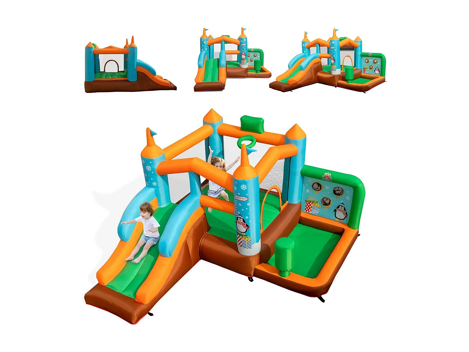 Château Gonflable avec Toboggan pour Enfants 3-12 Ans Thème Boisgouins, Aire de Jeux avec Panier de Basket-Ball Colonne de Boxe, Charge 90KG (sans Souffleur)