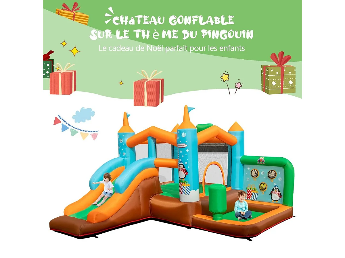 Château Gonflable avec Toboggan pour Enfants 3-12 Ans Thème Boisgouins, Aire de Jeux avec Panier de Basket-Ball Colonne de Boxe, Charge 90KG (sans Souffleur)