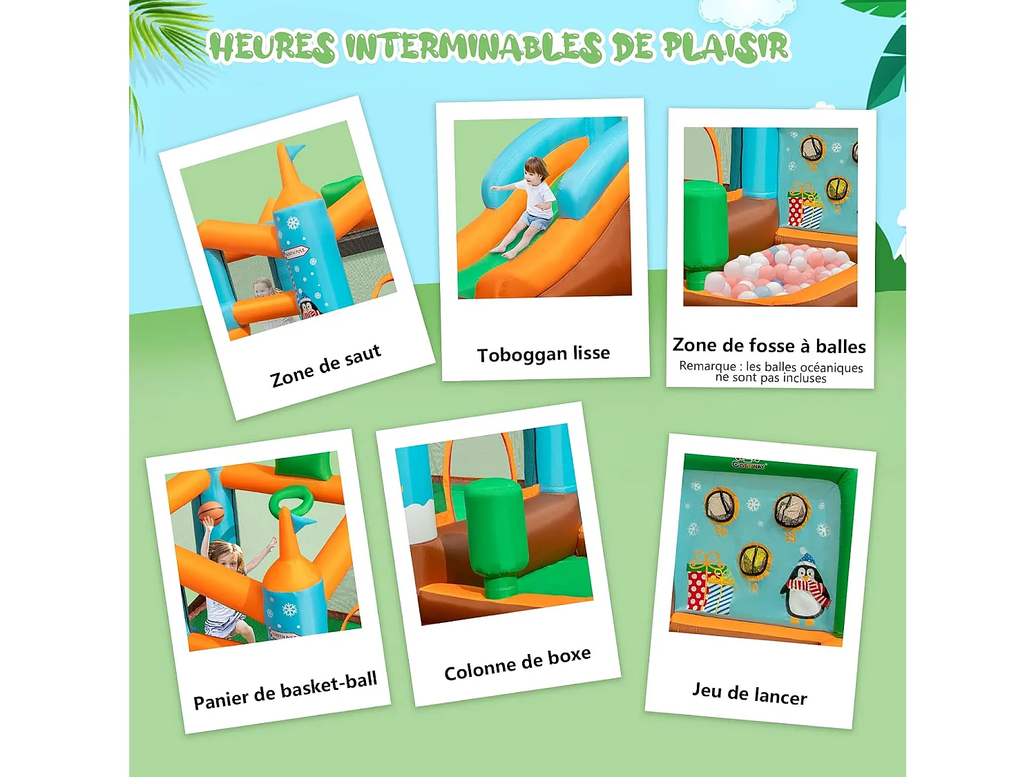 Château Gonflable avec Toboggan pour Enfants 3-12 Ans Thème Boisgouins, Aire de Jeux avec Panier de Basket-Ball Colonne de Boxe, Charge 90KG (sans Souffleur)