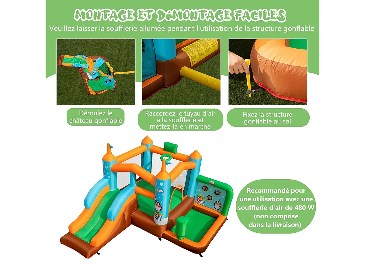 Château Gonflable avec Toboggan pour Enfants 3-12 Ans Thème Boisgouins, Aire de Jeux avec Panier de Basket-Ball Colonne de Boxe, Charge 90KG (sans Souffleur)