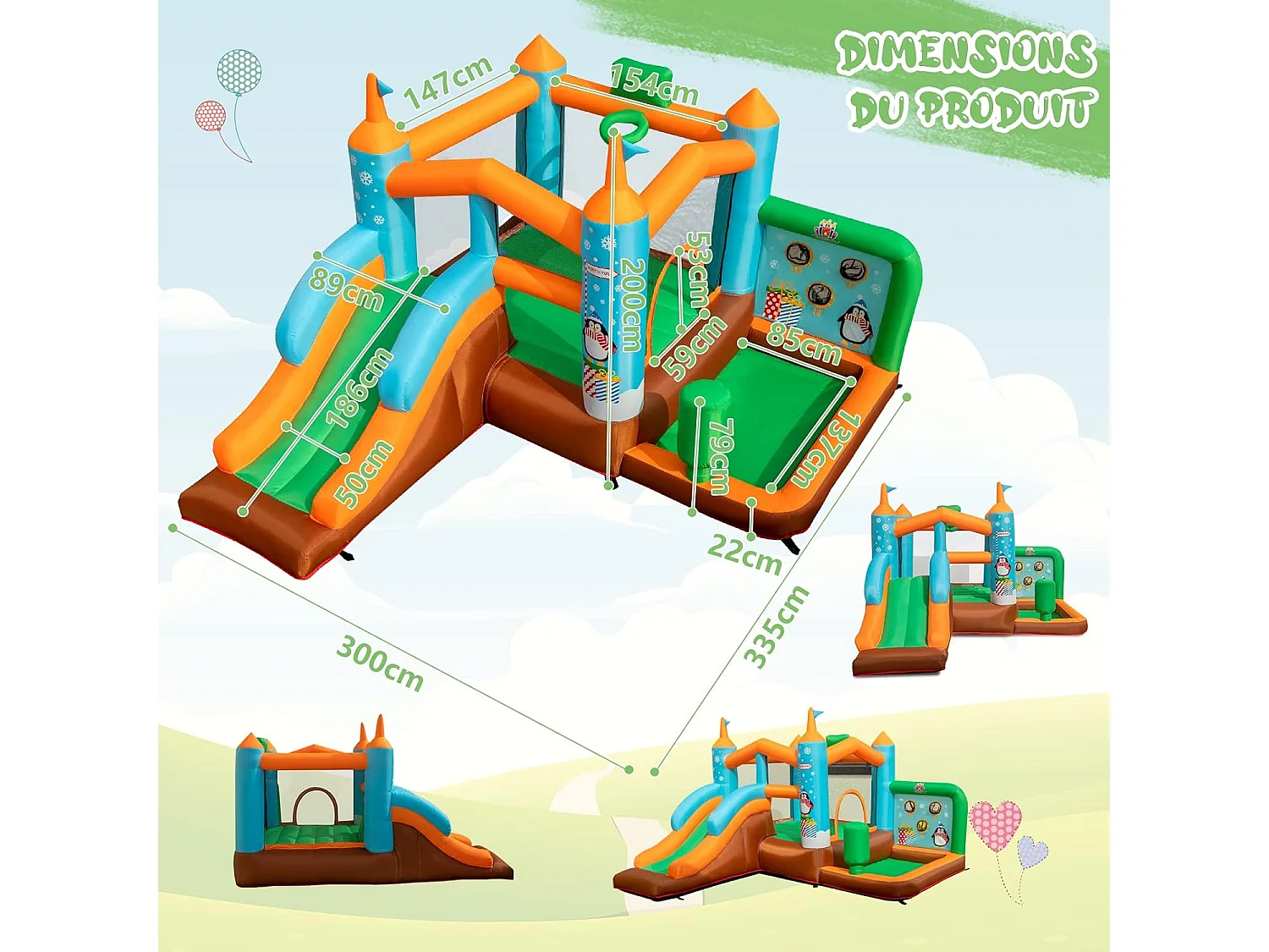 Château Gonflable avec Toboggan pour Enfants 3-12 Ans Thème Boisgouins, Aire de Jeux avec Panier de Basket-Ball Colonne de Boxe, Charge 90KG (sans Souffleur)