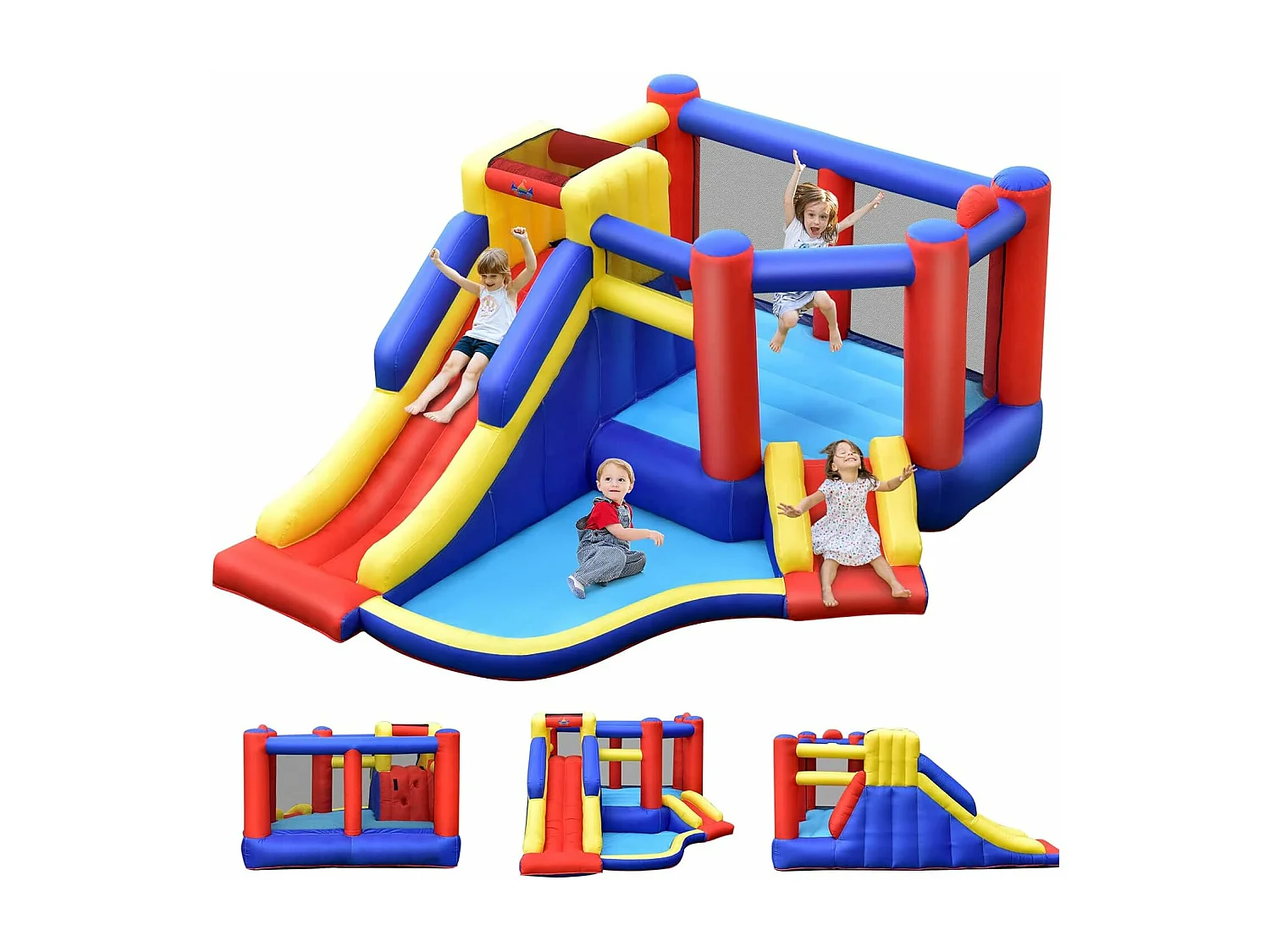 5 en 1 Château Gonflable avec 2 Toboggans & Maison de Saut, Aire de Jeux Gonflable avec Mur d'escalade & Panier de Basket & Balle Gonflable, Charge 120kg pour 3-4 Enfants de 3-10 Ans