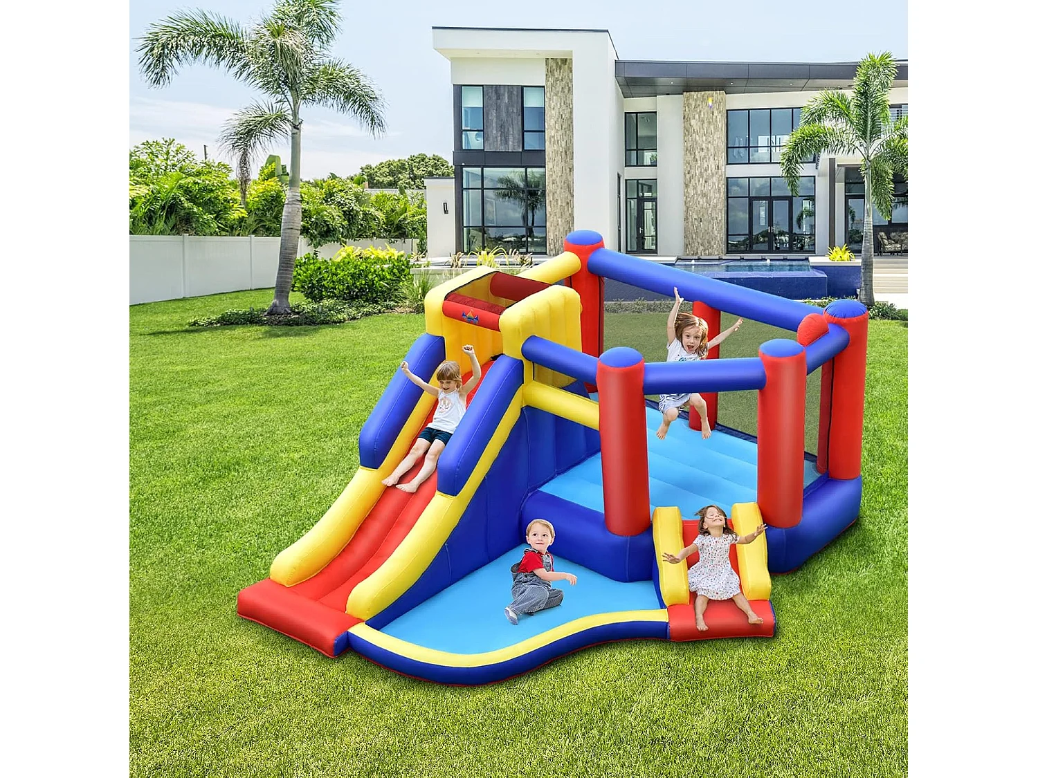5 en 1 Château Gonflable avec 2 Toboggans & Maison de Saut, Aire de Jeux Gonflable avec Mur d'escalade & Panier de Basket & Balle Gonflable, Charge 120kg pour 3-4 Enfants de 3-10 Ans