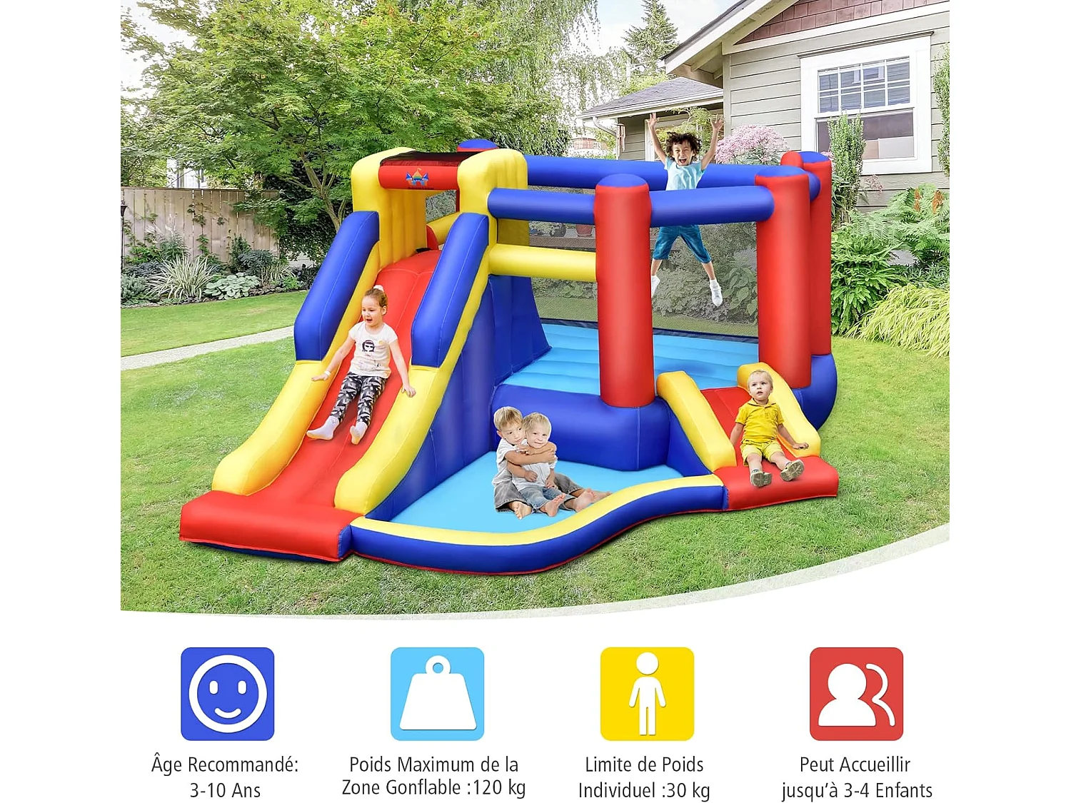 5 en 1 Château Gonflable avec 2 Toboggans & Maison de Saut, Aire de Jeux Gonflable avec Mur d'escalade & Panier de Basket & Balle Gonflable, Charge 120kg pour 3-4 Enfants de 3-10 Ans