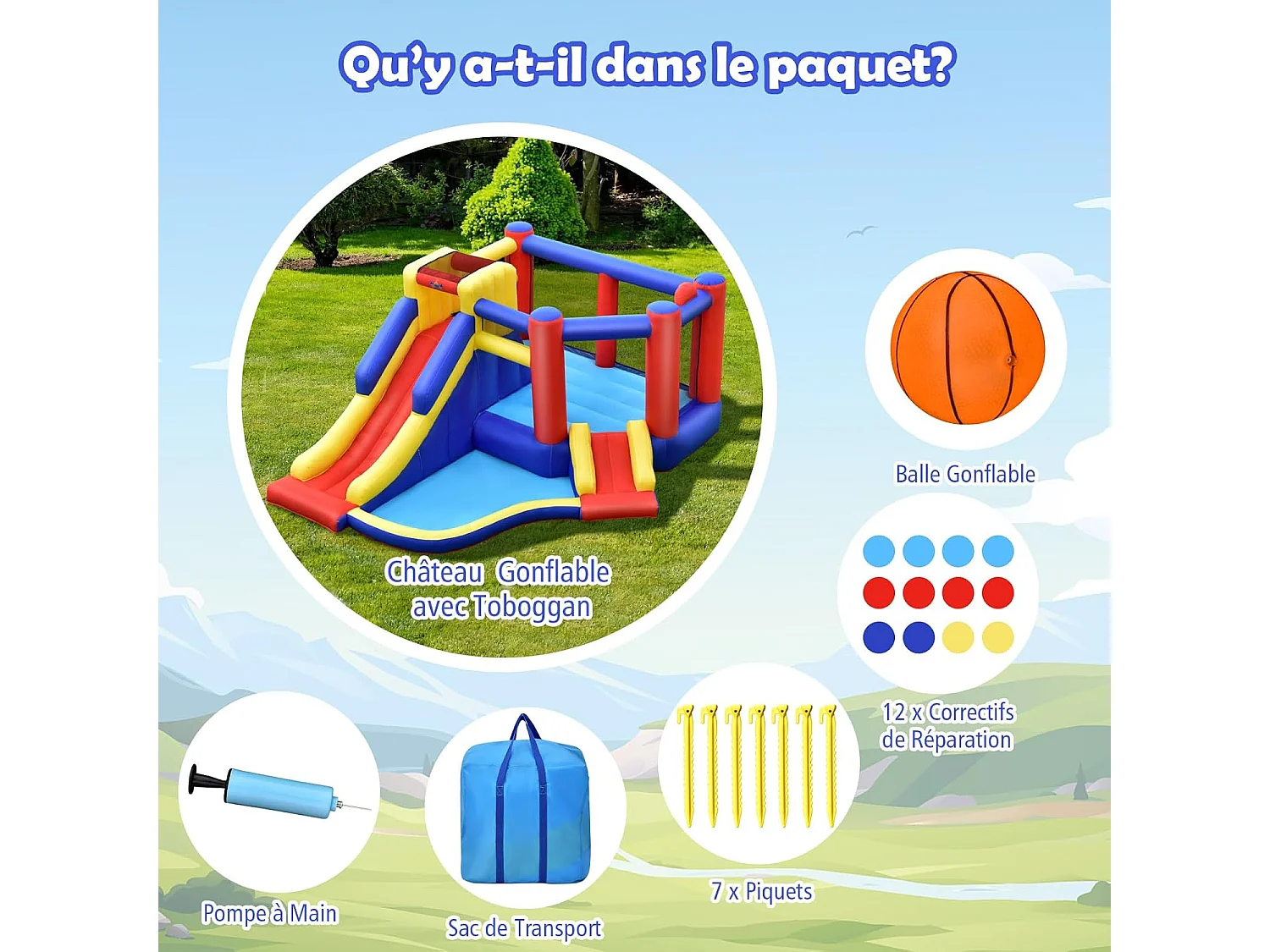 5 en 1 Château Gonflable avec 2 Toboggans & Maison de Saut, Aire de Jeux Gonflable avec Mur d'escalade & Panier de Basket & Balle Gonflable, Charge 120kg pour 3-4 Enfants de 3-10 Ans