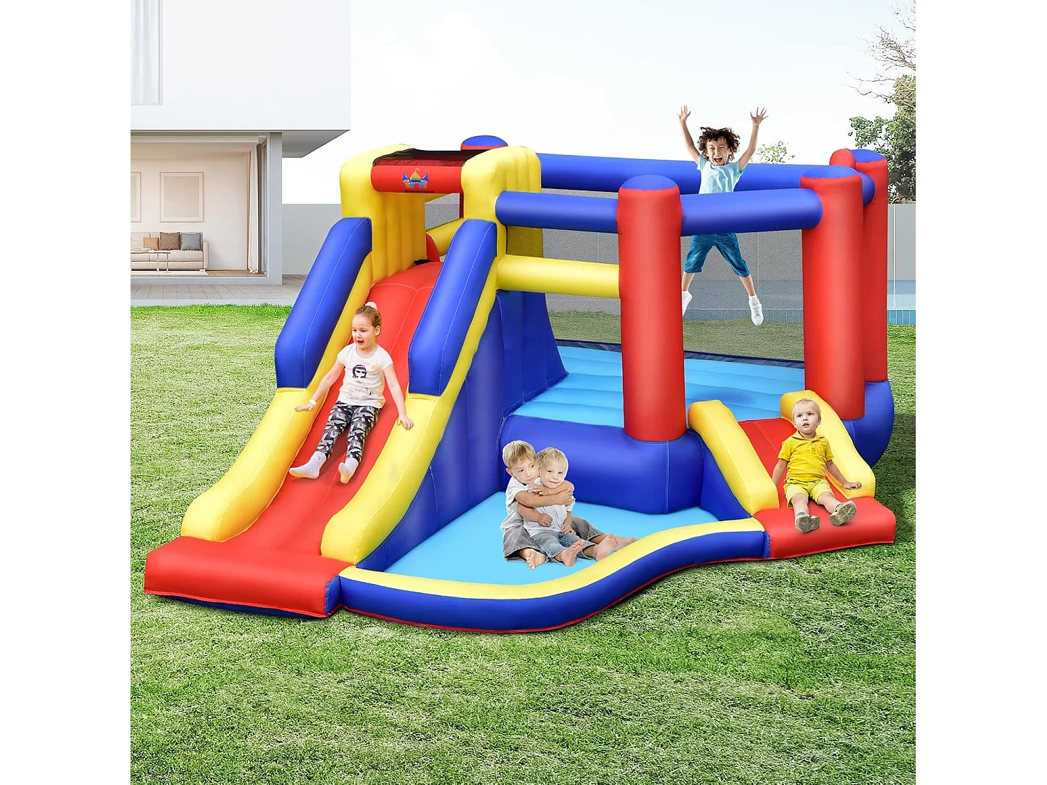 5 en 1 Château Gonflable avec 2 Toboggans & Maison de Saut, Aire de Jeux Gonflable avec Mur d'escalade & Panier de Basket & Balle Gonflable, Charge 120kg pour 3-4 Enfants de 3-10 Ans