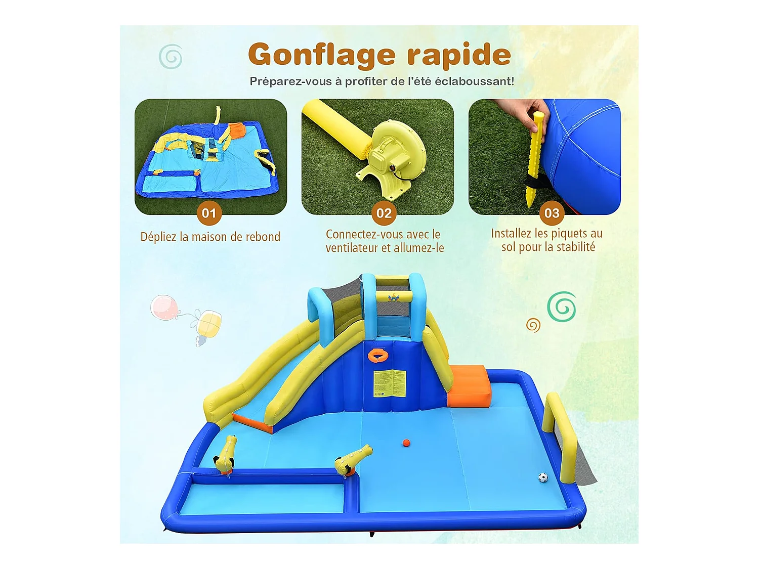 Château gonflable 6 en 1 avec escalade toboggan à jet d'eau grande piscine cadre de football