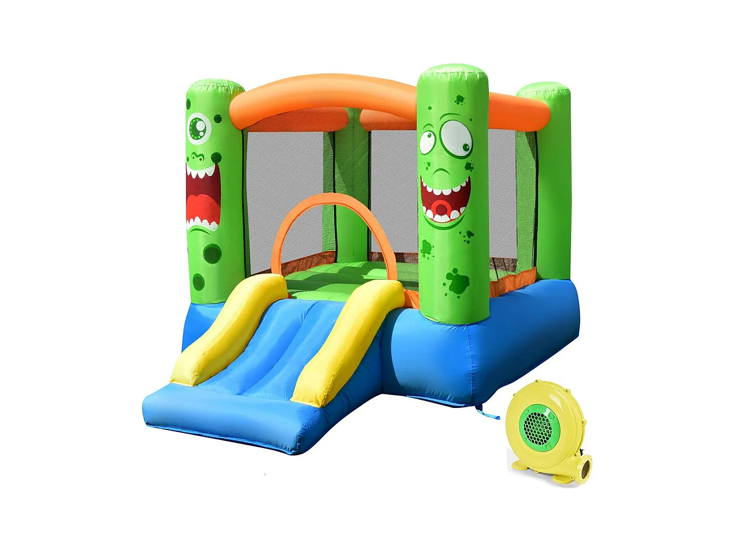 Aire de Jeux Gonflable avec Souffleur pour Enfants avec Cercle Panier de Basket-Ball Toboggan et Filet de Sécurité Kit de Réparation