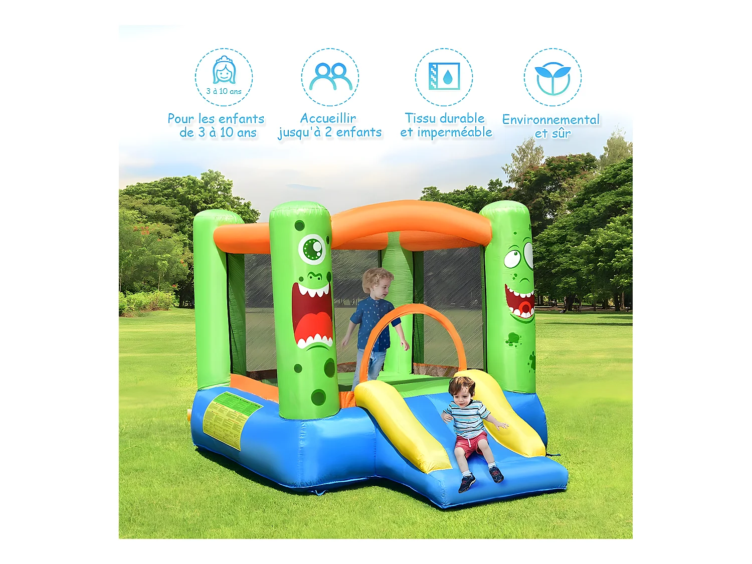 Aire de Jeux Gonflable avec Souffleur pour Enfants avec Cercle Panier de Basket-Ball Toboggan et Filet de Sécurité Kit de Réparation
