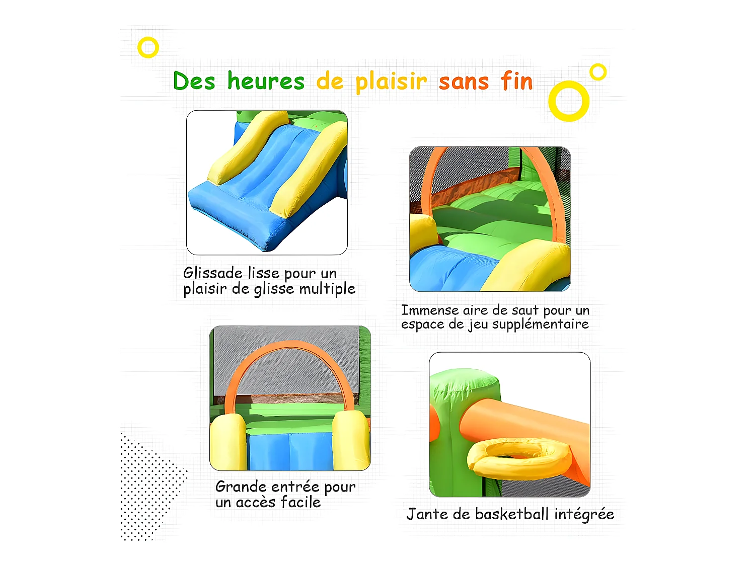 Aire de Jeux Gonflable avec Souffleur pour Enfants avec Cercle Panier de Basket-Ball Toboggan et Filet de Sécurité Kit de Réparation