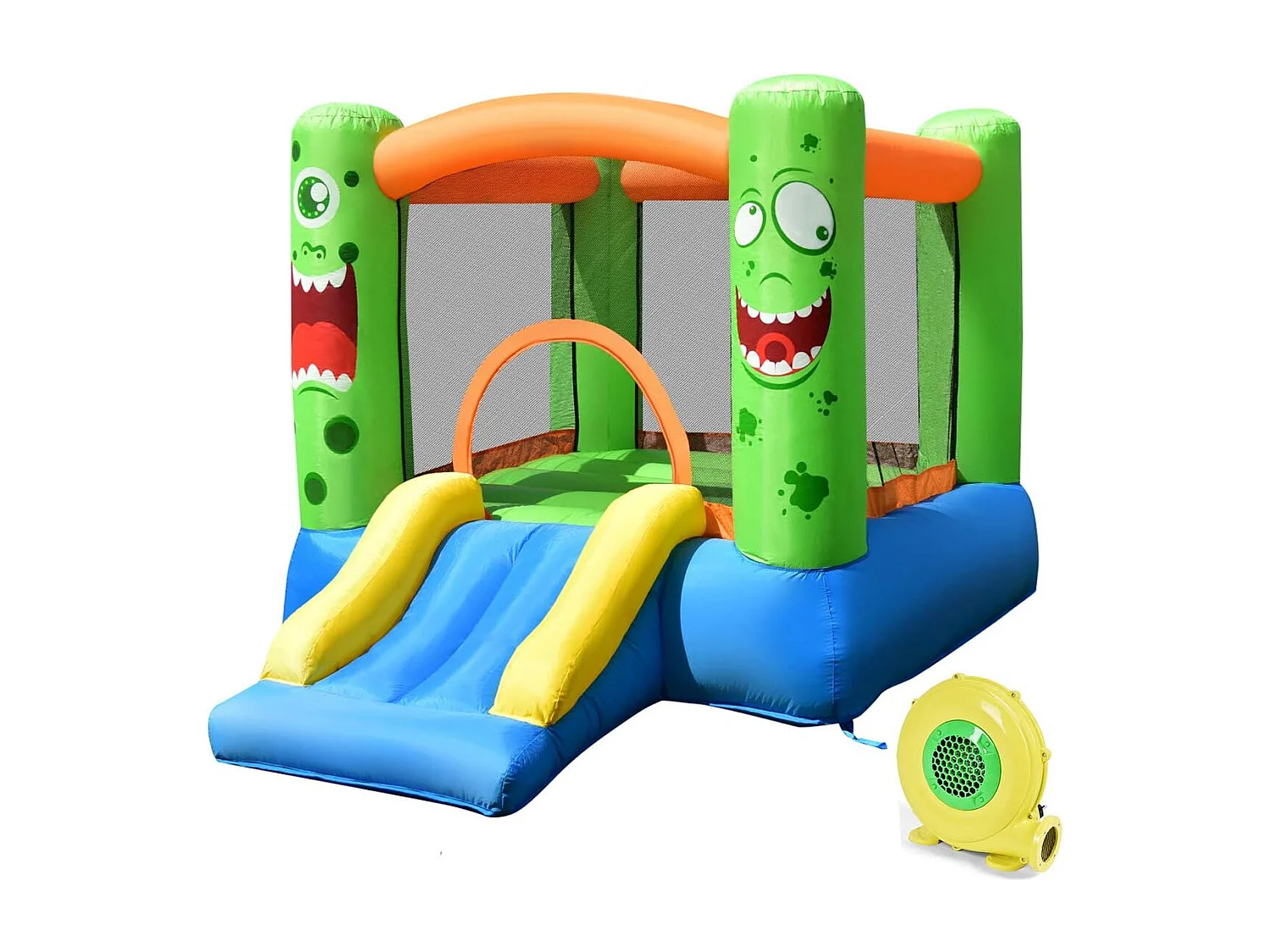 Aire de Jeux Gonflable avec Souffleur pour Enfants avec Cercle Panier de Basket-Ball Toboggan et Filet de Sécurité Kit de Réparation