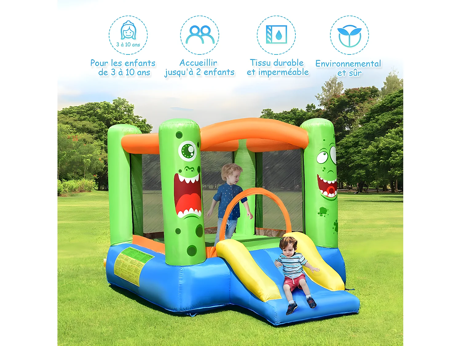 Aire de Jeux Gonflable avec Souffleur pour Enfants avec Cercle Panier de Basket-Ball Toboggan et Filet de Sécurité Kit de Réparation