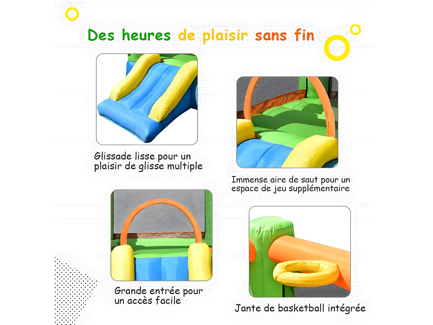 Aire de Jeux Gonflable avec Souffleur pour Enfants avec Cercle Panier de Basket-Ball Toboggan et Filet de Sécurité Kit de Réparation