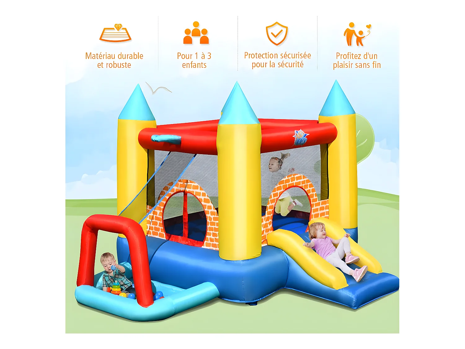 4 en 1 Château Gonflable pour Enfants avec Toboggan,30 Ballons 300x280x210CM pour 3 Enfants 3-10 Ans Capacité Max 135KG