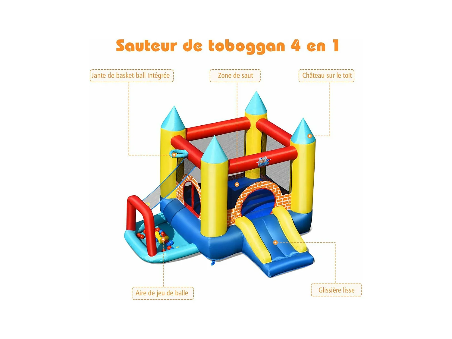 4 en 1 Château Gonflable pour Enfants avec Toboggan,30 Ballons 300x280x210CM pour 3 Enfants 3-10 Ans Capacité Max 135KG