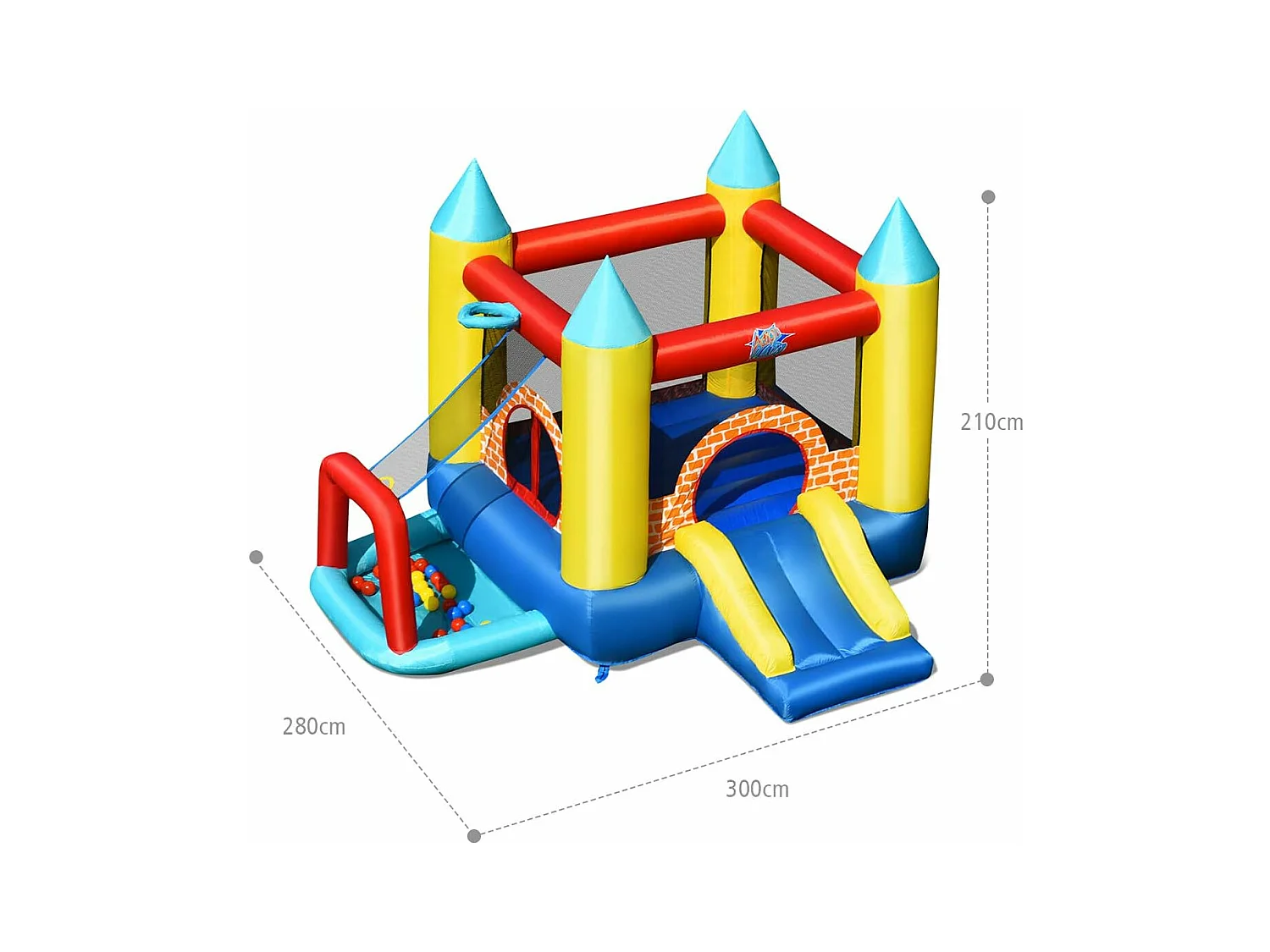 4 en 1 Château Gonflable pour Enfants avec Toboggan,30 Ballons 300x280x210CM pour 3 Enfants 3-10 Ans Capacité Max 135KG