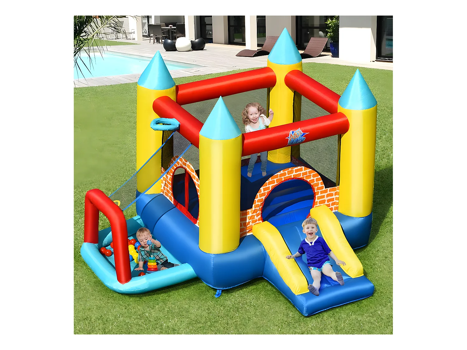 4 en 1 Château Gonflable pour Enfants avec Toboggan,30 Ballons 300x280x210CM pour 3 Enfants 3-10 Ans Capacité Max 135KG