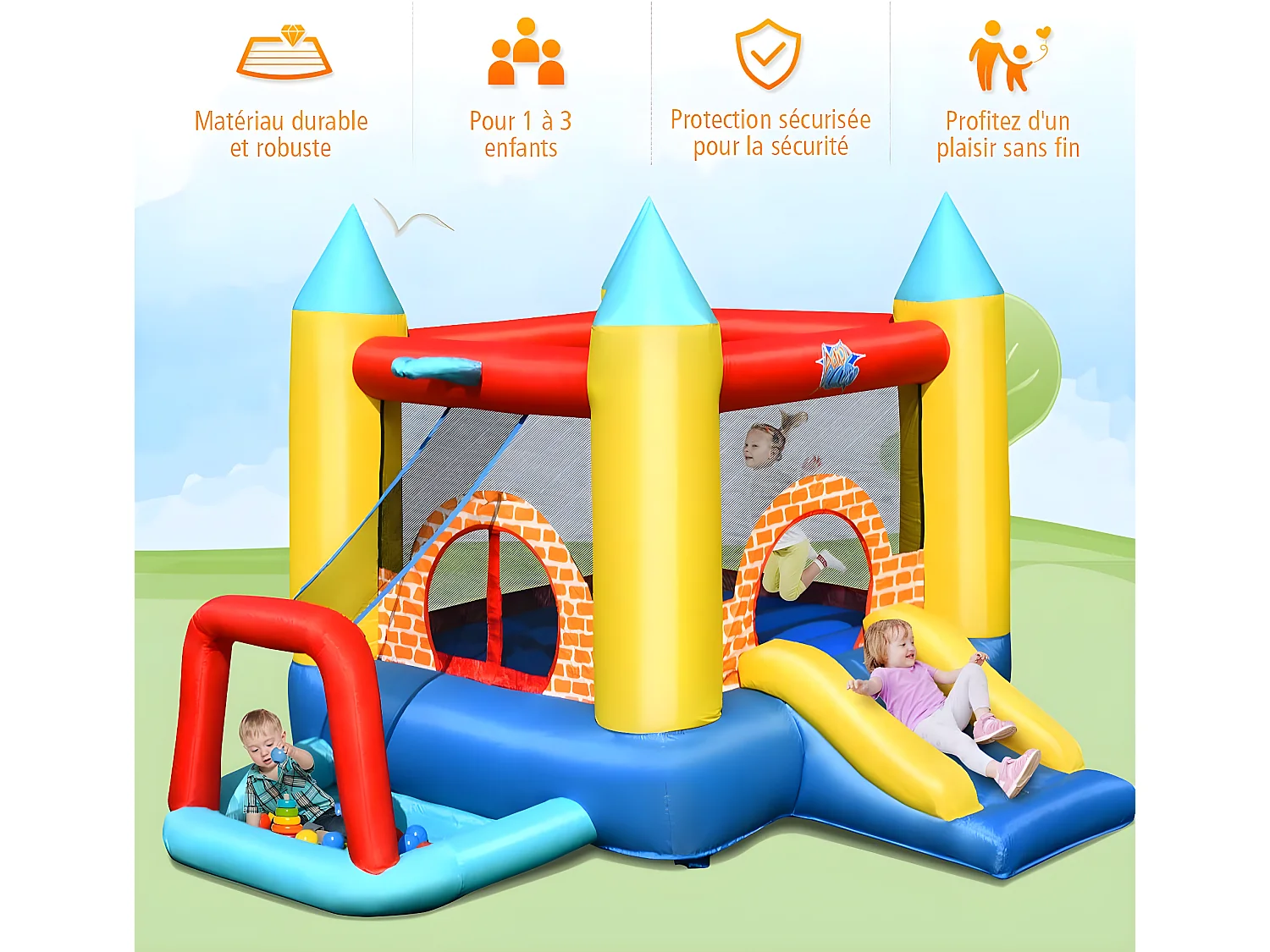 4 en 1 Château Gonflable pour Enfants avec Toboggan,30 Ballons 300x280x210CM pour 3 Enfants 3-10 Ans Capacité Max 135KG
