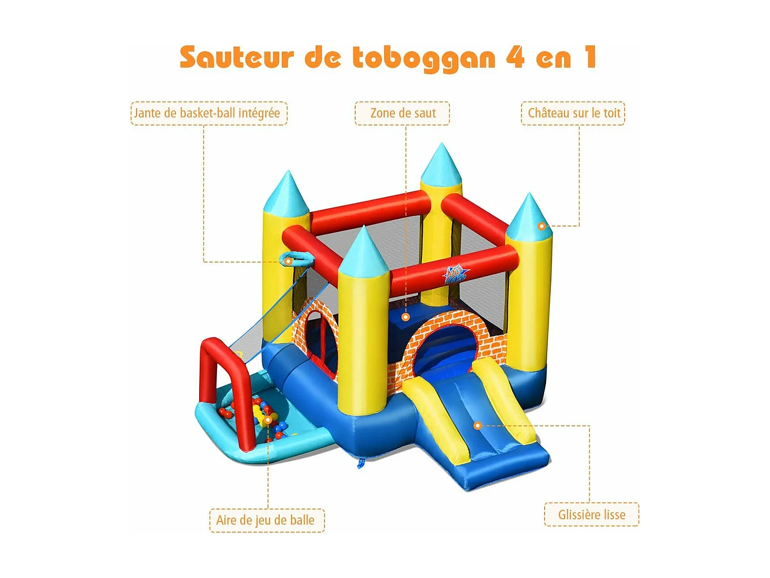4 en 1 Château Gonflable pour Enfants avec Toboggan,30 Ballons 300x280x210CM pour 3 Enfants 3-10 Ans Capacité Max 135KG
